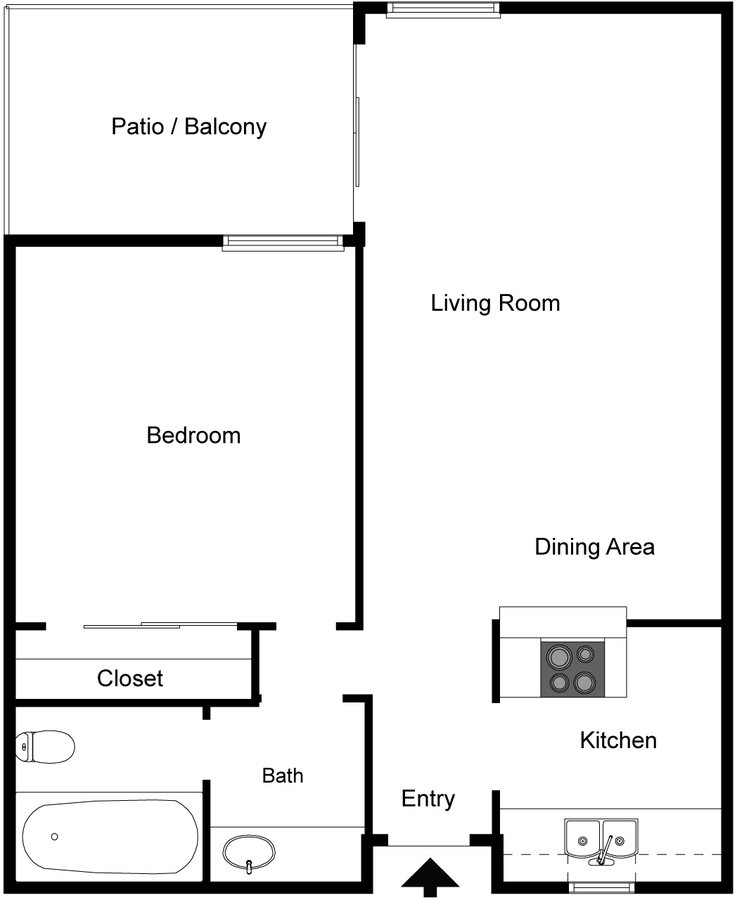 One bedroom floorplan with patio