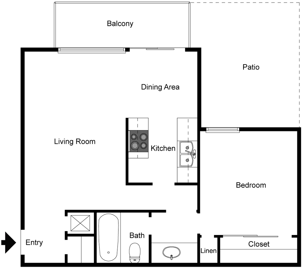 One bedroom floorplan with balcony