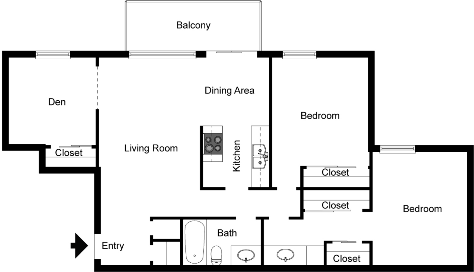 Two bedroom with a den floorplan.
